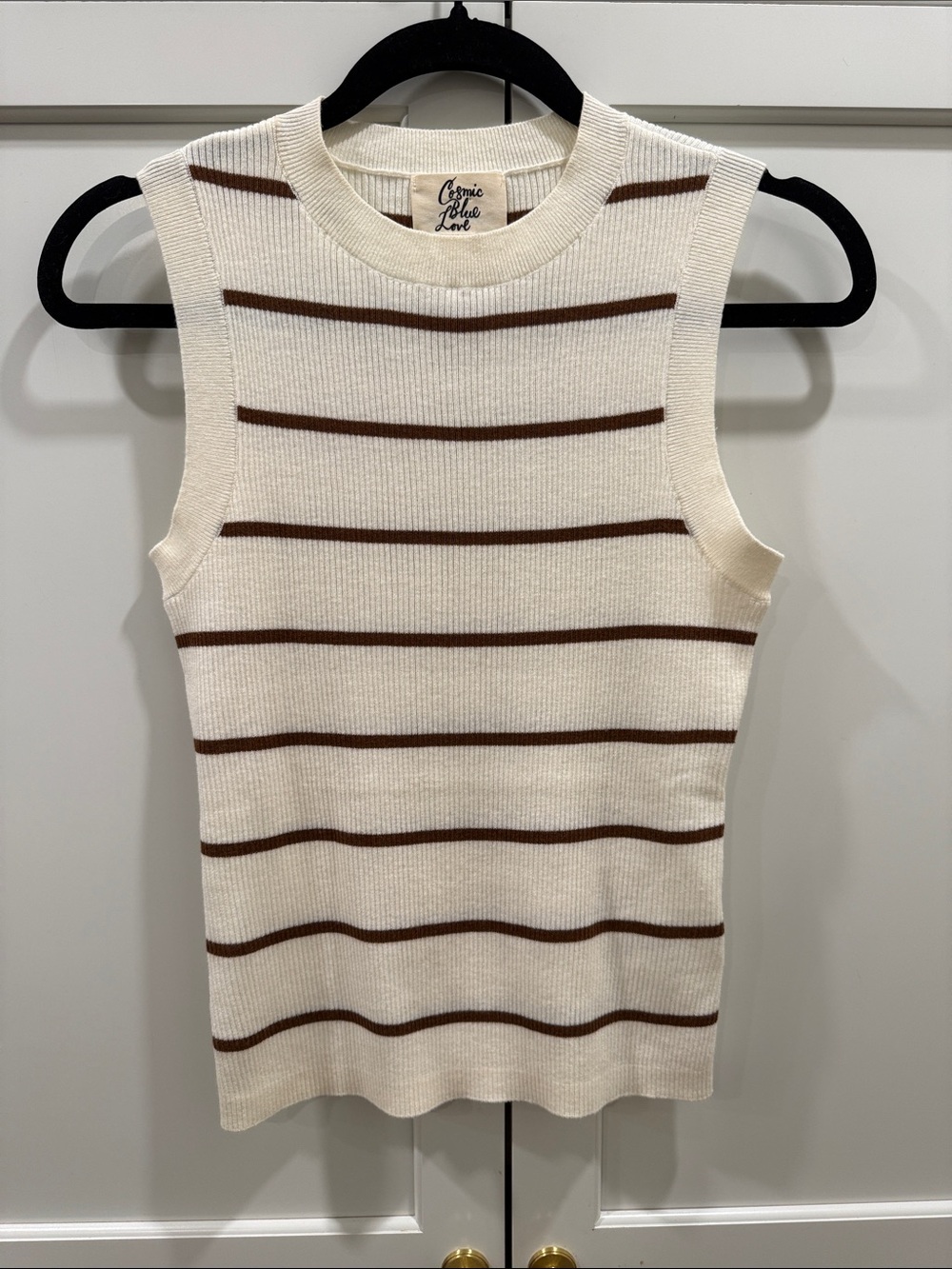 Sleeveless Cream Tank with Brown Stripes — Cosmic Blue Love